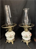 2 HAND-PAINTED MILK-GLASS LAMPS - NO SHADES
