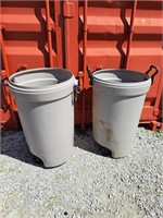 Pair of Rubbermaid garbage cans on wheels. With