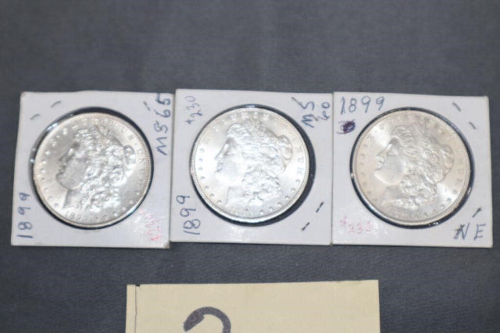 3- 1899 Morgan Silver Dollars--No Mint Mark Noted