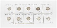 10 MERCURY DIMES - (5) 1931-D, (5) 1931-S