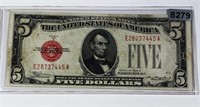1928 US $5 Red Seal Bill CLOSELY UNCIRCULATED