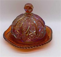 Iridescent Carnival Glass Covered Dish
