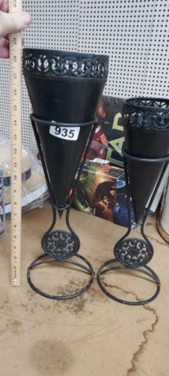 (2) METAL FLOWER HOLDERS ON STANDS