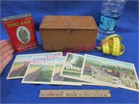 old folding box -tobacco tin -5 postcards -etc