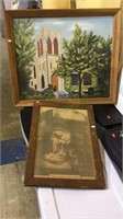 Framed oil painting on board of a church, signed