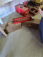 Two older tool boxes and metal tray