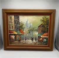 Signed R.G. Tiel Oil Canvas Cityscape Scene