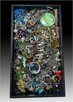 TRAY LOT OF JEWELY PARTS, PIECES AND TREASURE