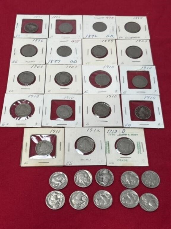 Assorted years of Liberty V nickels and Buffalo