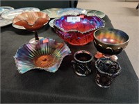 Six pieces of carnival glass