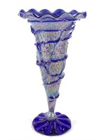 12.75"H Iridescent Cobalt Trumpet Vase, J. Deanda