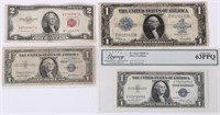 US $1 SILVER CERT. & $2 RED SEAL - (LOT OF 4)