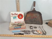 Vintage items, dustpan, mirro matic weight,