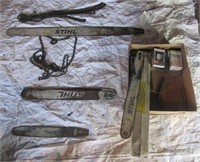 Assortment of Stihl chain saw chain and bars.