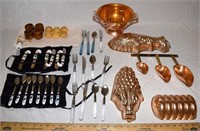 LOT - COPPER MOLDS, FLATWARE, ETC.