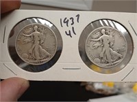 2 silver 1937 41 walking liberty half dollars