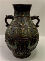 Oriental Bronze And Enameled Double Handled Vase