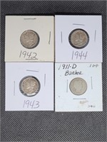 Lot of 3 Mercury Dimes & 1 Barber Dime: 1911 D,