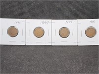 Lot of 4 Indian Head Pennies: 1891, 1898, 1899, &