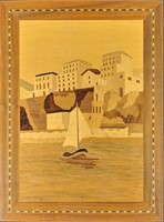 Inlaid Wood Picture Marquetry Inlay Boat Art T9