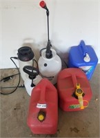 (2) Gas Cans, (3) Sprayers & Coleman Water Carrier