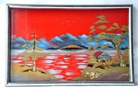 Vtg Reverse Painted on Glass Japanese Landscape