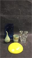 Crinkle Glass Blue Vase,Vtg Dansk Candle Holder