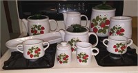 McCoy strawberry pattern teapots pitcher, canister