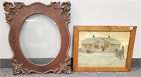 Antique framed litho and an ornate frame