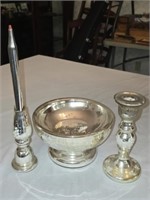 3 pc Silver Mercury Bowl & Candle Holders AS IS