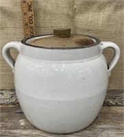 White stoneware handled crock w/ lid