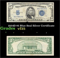 1934D $5 Blue Seal Silver Certificate Grades vf+