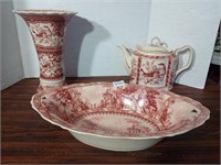 Beautiful red and beige set! Tea Pot, oval bowl