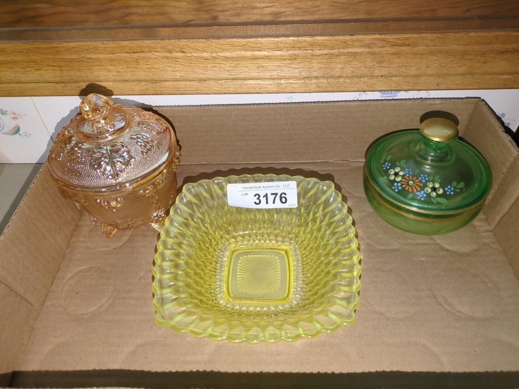 3 candy dishes - carnival glass, green glass and