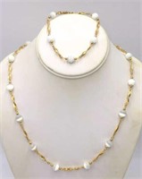 Gold Toned And White Beaded Necklace And Bracelet