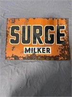 SURGE MILKER TIN SIGN, RUSTED, 12 X 18"
