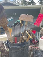 Assorted Garden Tools & Garbage Can
