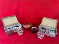 Two Crystal 2 Piece Candleholder Sets, Bowl & Vase