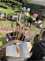 Assorted Garden Tools & Garbage Can