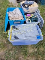 (4) TOTES OF TARPS, 6'x10' PRIVACY SCREEN/WIND