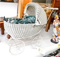 Vintage White Wicker Doll Buggy w/China Head &