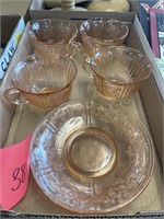 PINK DEPRESSION GLASS CUPS AND SAUCERS