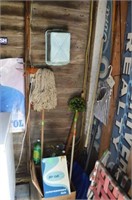 Collection of mops, rake, snow shovel & more