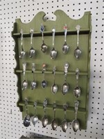 WOOD WALL DISPLAY W/ 18 STERLING SILVER SPOONS