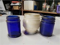 2 ANTIQUE BLUE COBALT AND ONE MILK GLASS JAR
