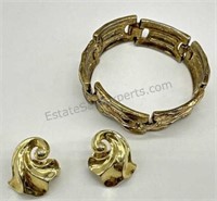 Trifari Gold Tone Clip Earrings, Chain Bracelet