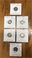6 Silver 5cent Canada coins. 1899, 1907, 1911,