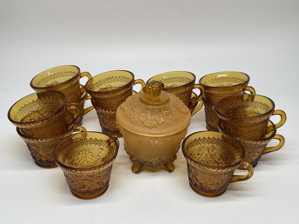 14- Amber Sandwich Glass Punch Cups & Lidded Candy