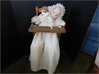 Porcelain Treasurer Doll w/Wooden Doll Hi-Chair