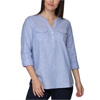 Tahari Women's SM Roll Sleeve Henley Shirt, Blue